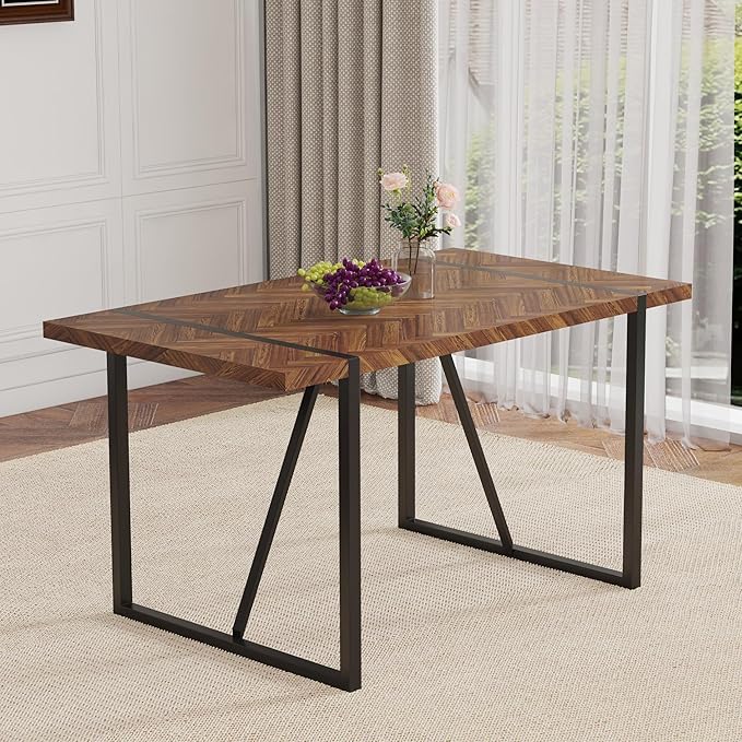 55" Extendable Island Table, Rustic Dining Table with Metal Frame, Mid Century Dining Table for Kitchen Dining Living Room, Black,Brown