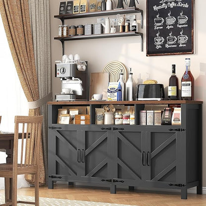 knoworld Buffet Sideboard with Storage Farmhouse with 4 Doors, 55'' Large Kitchen Storage Cabinet Wood Coffee Bar Cabinet Buffet Table with Shelves for Kitchen, Dining Room, Entryway (Black, 55 in)
