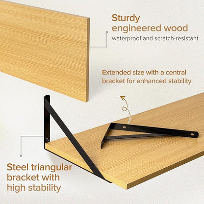 Acovy Deep Floating Shelves Wall Mounted, 55"x12" Oak Wall Shelves with Brackets Set of 2 for Bedroom, Living Room, Bathroom, Kitchen, Office - Storage & Display Shelf for Decor, Books, Plants