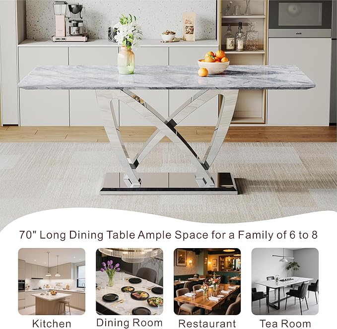 70" Faux Marble Dining Table for 6-8 People, Modern Rectangular Kitchen Table with Gold Mirror Finish Stainless Steel Base, Large Dining Room Table (Silver + Grey, Type2 + 70" Rectangle)