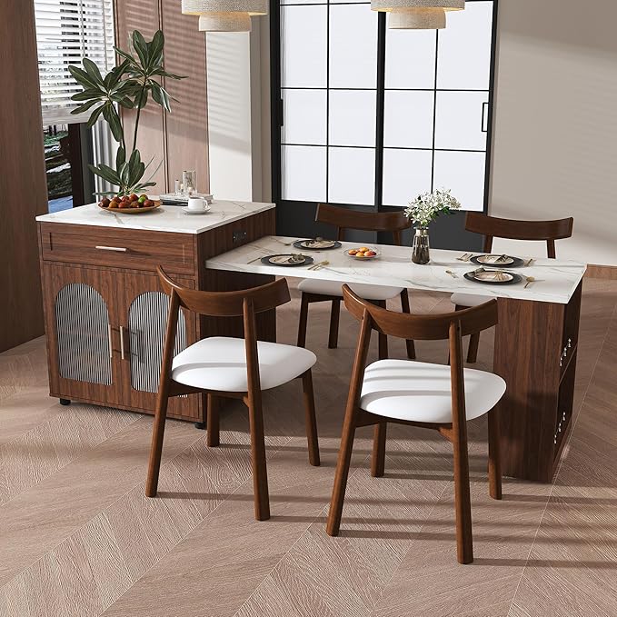 GOWE 80-Inch Expandable Kitchen Island Dining Set with 4 Solid Wood Chairs, Walnut Marble-Grain Countertop with Power Outlet, Mobile Storage Cart with Cabinet & 2 Drawers