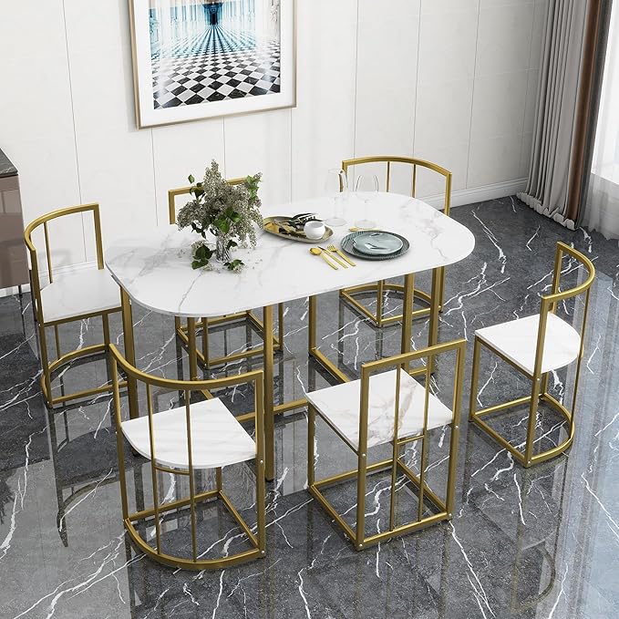 RuiSiSi Modern Dining Table Set for 6 Kitchen Table Set with 6 Dining Chairs and Faux Marble Tabletop for Kitchen, Dining Room, Small Space, Gold+White