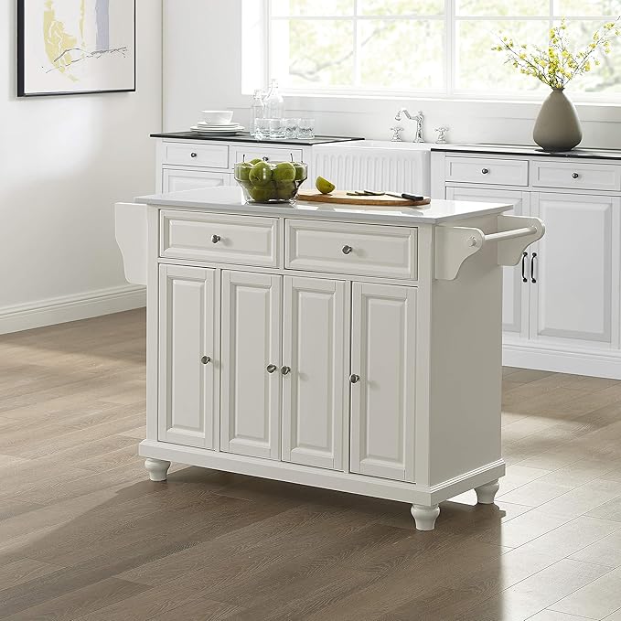 Crosley Furniture Cambridge Stone Top Rolling Kitchen Island Storage Cart, Microwave Stand, Spice Rack, White