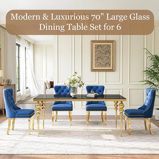 7 Piece Glass Dining Table Set, Modern 70 Inch Gold Rectangular Glass Kitchen Table, 6 Blue Exquisite Velvet Cushion Chairs for Living Room, Restaurant (Black-Top)