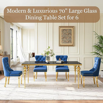 7 Piece Glass Dining Table Set, Modern 70 Inch Gold Rectangular Glass Kitchen Table, 6 Blue Exquisite Velvet Cushion Chairs for Living Room, Restaurant (Black-Top)