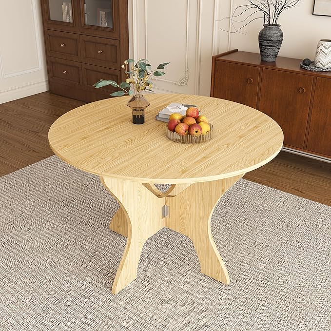 GDFStudio 43" Folding Dining Table for Small Spaces, Round Wood Kitchen Table with Ancient Oak Veneer, Space-Saving Foldable Table for Indoor & Outdoor Use, French Country & Beach Style