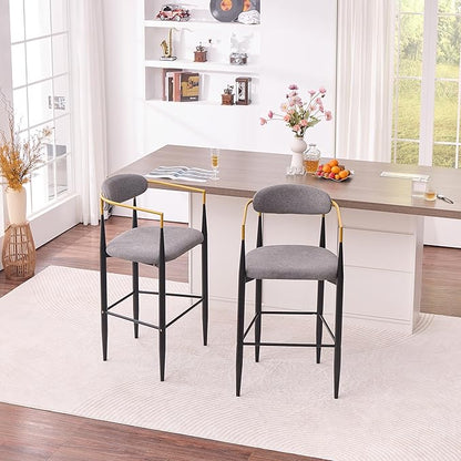 Modern Upholstered Accent Chair Set of 2 with Gold Accented Armrests, Ergonomic Barrel Back, Padded Fabric Seat, Metal Frame for Dining Room, Kitchen Island, Counter, Office (Grey,Bar Stool)