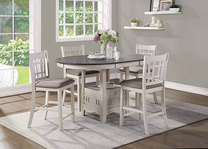 Lexicon Meyer 60 Inch Bar Table - Round Counter Height Small Kitchen Table for 2-4, Solid Wood, Oval Extendable Leaf for Small Dining Room, Storage Space, Shelf, Antique White & Rosy Brown