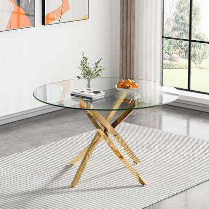 47.25" Round Dining Table for 6, Modern Clear Glass Kitchen Table for 6 with Gold X Metal Legs, Contemporary Small Circle Dining Room Leisure Tables for Kitchen Apartment