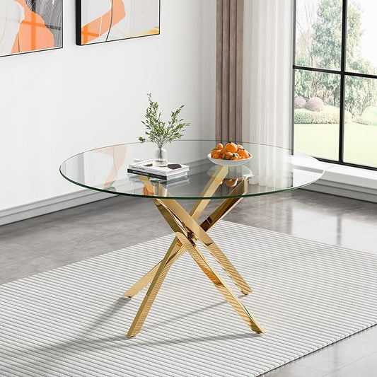 SSLine 47.2" Round Glass Dining Table for 4-6 Modern Circle Glass Tabletop Kitchen Table for 6 Luxury Dining Room Tables with Gold Nest-Shape Metal Base for Home Kitchen Dining Room