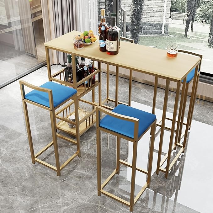 5-Piece Bar Height Table and Chairs Set - Gold Frame Bar Table with Storage & Sponge-Cushioned Chairs,Kitchen Table, Kitchen Island Seating, or Dining Table Set (Gold,Light Beige,Navy Multi)