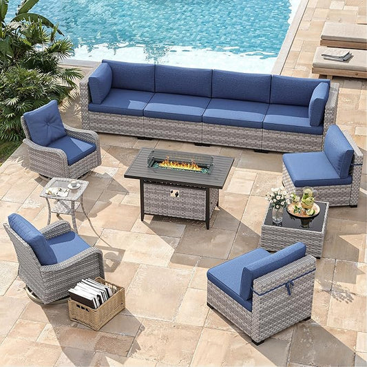 8-Seat Outdoor Wicker Patio Furniture Set with Fire Pit Table, Modular Rattan Sectional Sofa & 2 Swivel Rocking Chairs, 4" Thick Cushions, Rust-Resistant Frame,Navy
