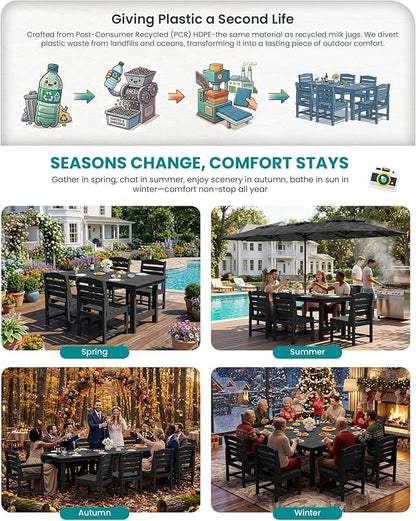 SERWALL Patio Dining Sets for 6 Person, HDPE Dining Set with 6 Armless Chairs, Black