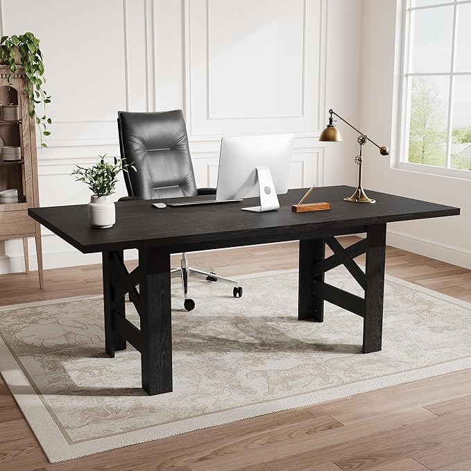 IDEALHOUSE 71" Long Dining Table for 6-8, Farmhouse Wooden Barn Kitchen Table for 6, Triangular Legs, Large Dining Room Table w/Thick Tabletop, Sturdy Frame, for Dinner, Kitchen, Office, Rustic Black