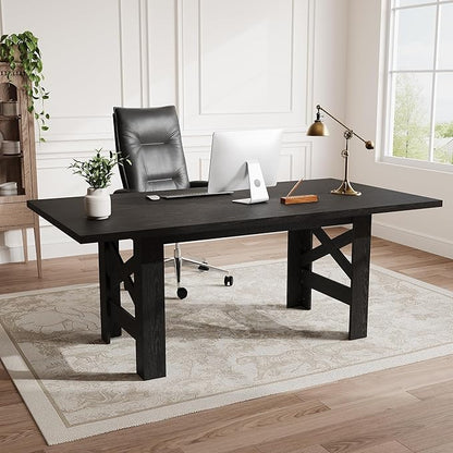 IDEALHOUSE 71" Long Dining Table for 6-8, Farmhouse Wooden Barn Kitchen Table for 6, Triangular Legs, Large Dining Room Table w/Thick Tabletop, Sturdy Frame, for Dinner, Kitchen, Office, Rustic Black