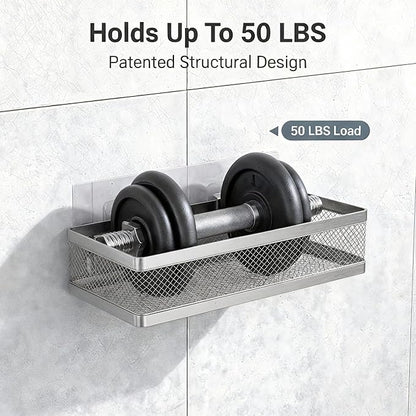 PUSDON Mesh Shower Caddy Wall Mount, Heavy Duty Adhesive Bathroom Shelf Organizer, Rustproof Floating Spice Rack for Kitchen Pantry, Holds 50 LBS, Multi-Purpose Storage Silver Gray -2 Packs (Netting)