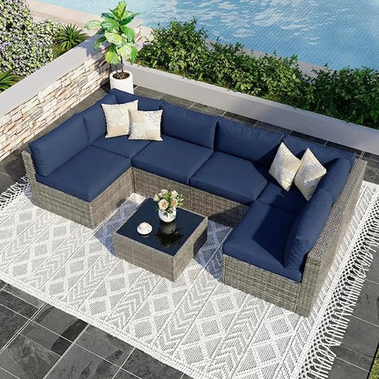 Wisteria Lane 7 Pieces Outdoor Patio Furniture Set, Wicker Outdoor Patio Sectional Sofas with Coffee Table, All-Weather Patio Conversation Set for Backyard Garden, Navy Blue