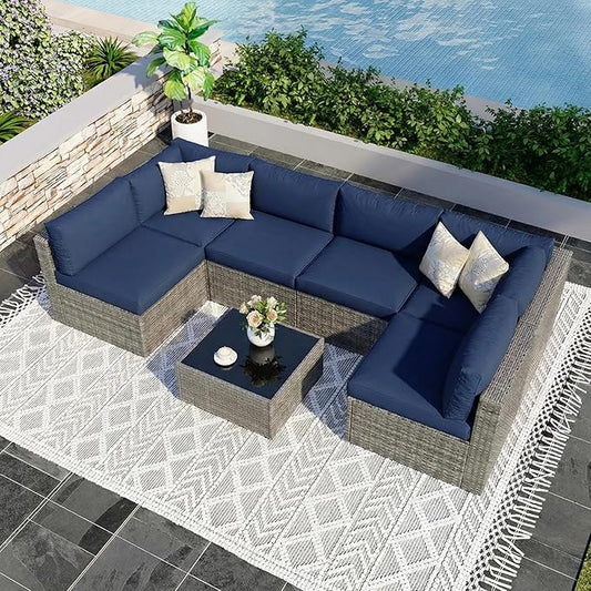 Wisteria Lane 7 Pieces Outdoor Patio Furniture Set, Wicker Outdoor Patio Sectional Sofas with Coffee Table, All-Weather Patio Conversation Set for Backyard Garden, Navy Blue