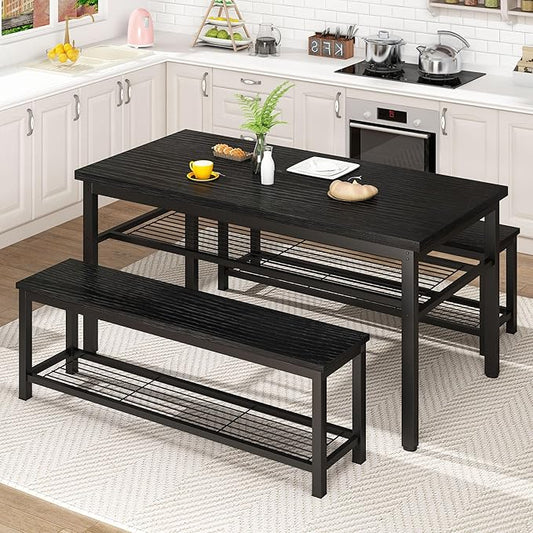 AWQM 43.3" Dining Table Set for 4, Kitchen Dining Table with 2 Benches, Dining Room Table Set with Metal Frame & Storage Rack for Kitchen, Restaurant, Black