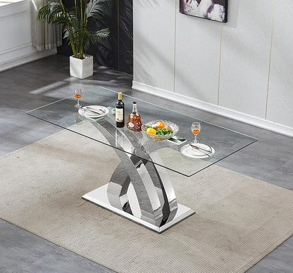 70" Glass Dining Table for 6-8, Modern Dining Room Table with 0.39" Tempered Glass Top and X-Shaped Silver Stainless Steel Base, Rectangle Kitchen Dinner Table for Dining Room
