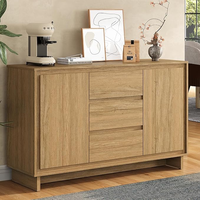 RoyalCraft Buffet Cabinet with Storage, Coffee Bar Cabinet with 3 Drawers and 2 Doors, Framed Edge Design, Modern Sideboard for Kitchen, Living Room and Dining Room, Natural