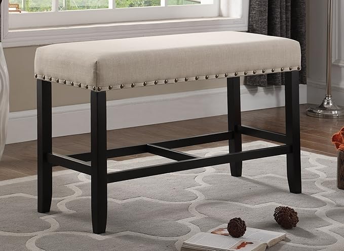 Counter Height Dining Bench in Tan Fabric with Nailhead Trim - Comfortable Seating for Kitchen Islands