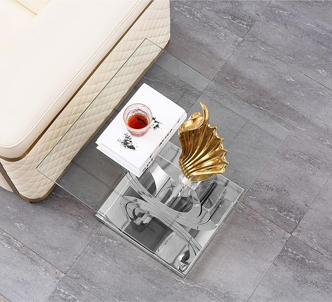 HomVent 22.83" Glass End Table, Living Room Tables, Modern Silver Tempered Glass Top Side Tables Bedroom, Square Small Bed Bedside Eating Table Nightstand for Home Office with Stainless Steel Base