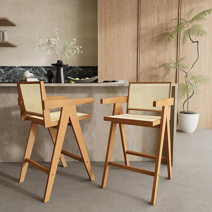 Modern Dining Chairs,Sturdy Rubberwood Frame with Woven Cane Backrest,Set of 2,Stylish Simple Natural Design,Applicable To Front Porch,Outdoor Lounge,Kitchen Island Bar Stools,Versatile Use,Natural-Wo