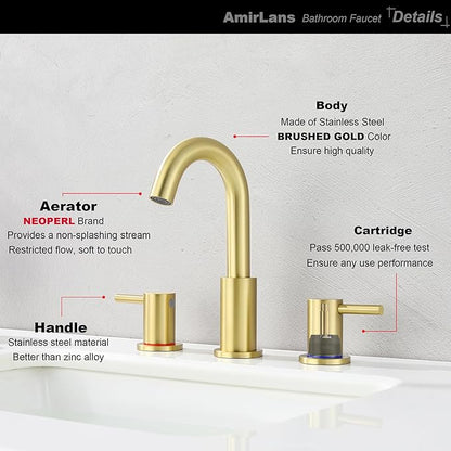 Bathroom Faucets for Sink 3 Hole, Brushed Gold Bathroom Faucet with Pop up Drain, Stainless Steel 2 Handle 8 Inch Widespread Gold Bathroom Sink Faucet for Vanity, AML-21754-BG