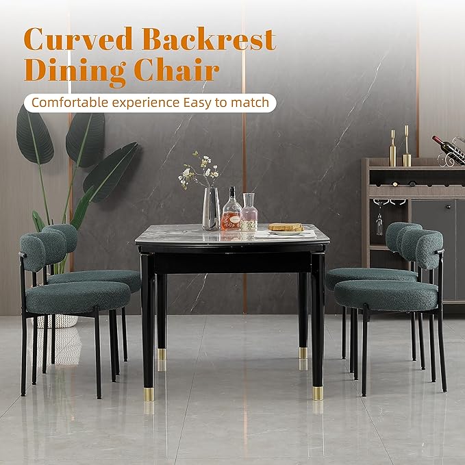 DYHOME Green Dining Chairs Set of 6, Mid-Century Modern Dining Chairs, Kitchen Dining Room Chairs, Curved Backrest Round Upholstered Boucle Sherpa Dining Chair with Black Metal Legs
