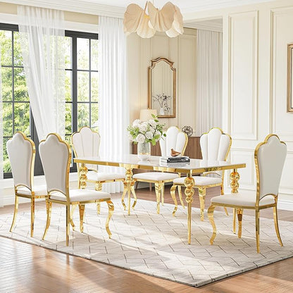 Luxurious 7 Piece Dining Table Set, 70 Inch White Glass Kitchen Table and 6 White Petal Back Chairs with Gold Stainless Steel Legs, for Dining Room, Living Room, Restaurant