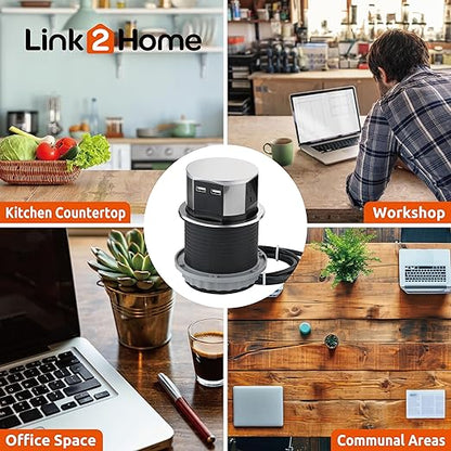 Link2Home 2 Pack Pop Up Outlet 10W Fast Induction Charger with Type-C USB, 3 Power Outlets 15A, 2 USB Ports 3.0A, Splash Resistant, Matt Black Finish, for Kitchen Counter Island, Office Table