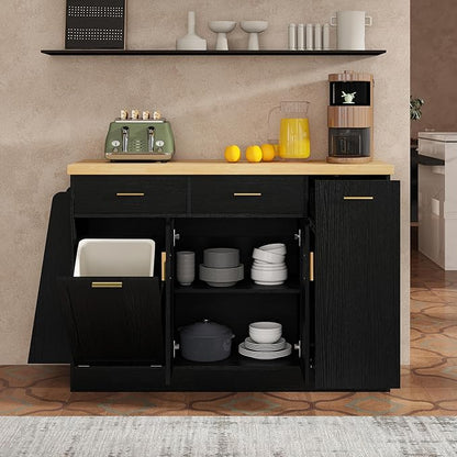48.8" Multi-Functional Storage Sideboard, Trash Can Storage, Sliding Door Cabinet & 3-Tier Spice Rack,Kitchen Island Table for Kitchen, Dining Room (Black)