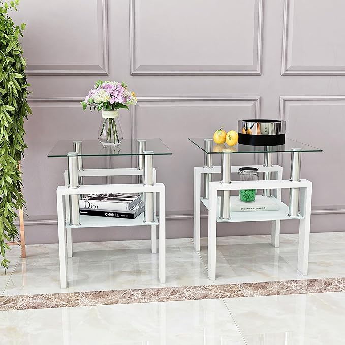 Set of 2 Glass End Table, Glass Side Table with Tempered Glass Top & Metal Legs, Square Living Room Table Modern Tea Table Side Tables 2-Layer for Living Room Bedroom