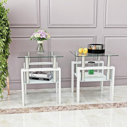 IANIYA 2PCS Modern Glass End Table, 2-Tier Side Table with Tempered Glass Top & Metal Legs, Night Stand Corner Table for Living Room, Bedroom, White