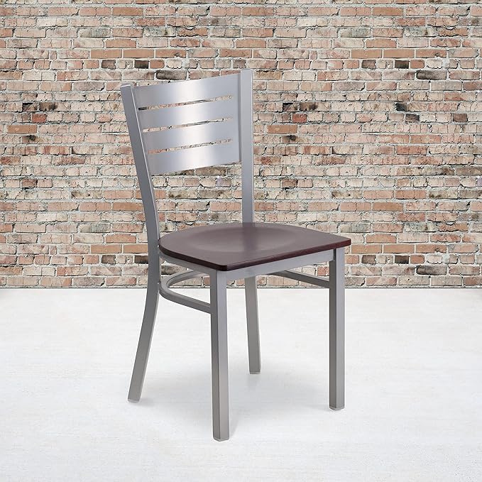 Flash Furniture 2 Pk. HERCULES Series Silver Slat Back Metal Restaurant Chair - Mahogany Wood Seat