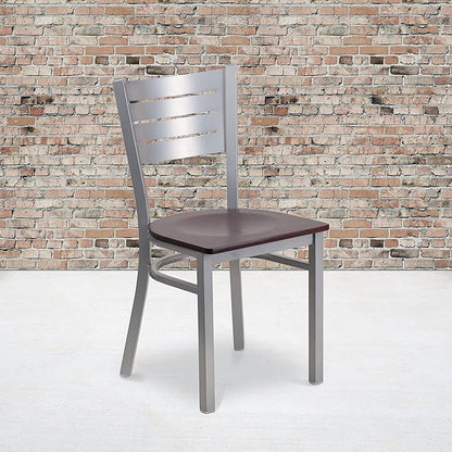 Flash Furniture 2 Pk. HERCULES Series Silver Slat Back Metal Restaurant Chair - Mahogany Wood Seat