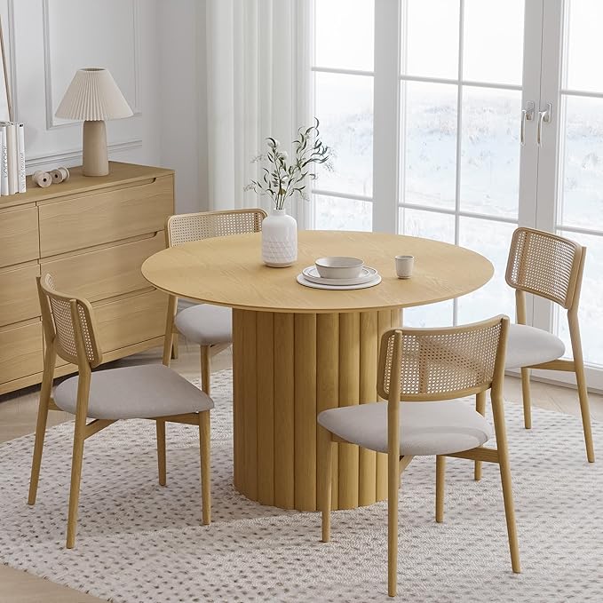 Casaphoria 46" Round Dining Table, Modern Wood Kitchen Table with Cylindrical Wide Bar Protruding Base for Living Room & Dining Room, Easy Assembly Farmhouse Furniture for 4-6, Oak