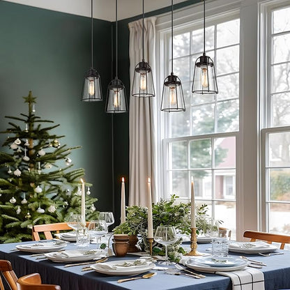 KSANA 5-Light Kitchen Island Lighting, Farmhouse Linear Chandelier with Seeded Glass Shade, Rustic Faux Wood Dining Room Light Fixture Over Table