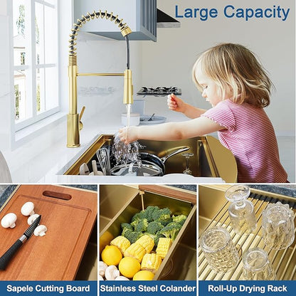 CELAENO 33 Inch Gold Farmhouse Sink, Luxury Single Bowl Stainless Steel Apron Front Workstation 16 Gauge, 10" Deep Handmade R10 Radius Farm Sink with Various Accessories