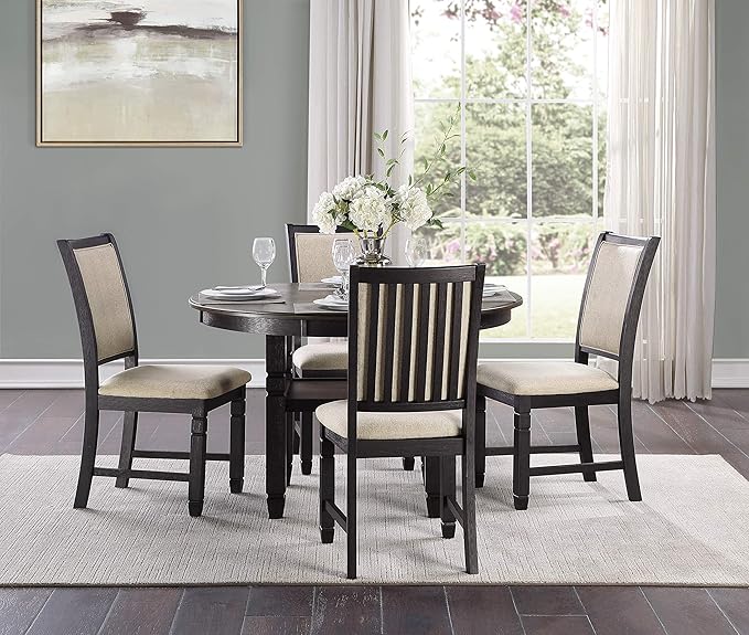 Lexicon Braun 5 Piece Dining Table Set, Dining Room Set for 4, Including 1 Round Kitchen Table with Storage Shelf and 4 Beige Fabric Upholstered Chairs, Brown/Black