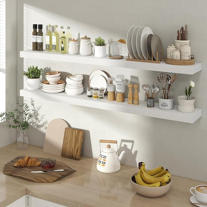 Acovy 48 Inch Floating Shelves for Wall 2 Pack, 48" Wall Shelves for Books, Storage, Decor, Wall Mounted Floating Shelf with Invisible Brackets for Kitchen, Living Room, White