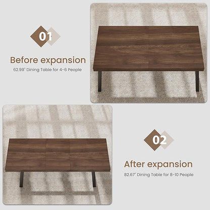 GarveeHome 63-83" Extendable Dining Table, Industrial Rectangular Dining Room Table for 6-8 People, Expandable Kitchen Table with Heavy Duty Metal Frame for Dining Room, Kitchen & Parties, Brown