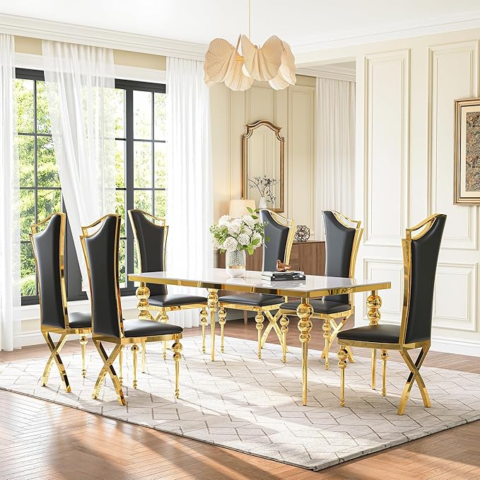 Glass Dining Table Set for 6, Luxurious 70 Inch Rectangular Kitchen Table with White Tempered Glass Top, 6 Black PU Leather Cushion Chairs for Dining Room, Restaurant, Living Room