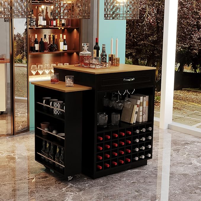 73” Kitchen Island with Extendable Dining Table, Multifunctional Wine Cabinet with 1 Door, 5 Drawers, Open Side Shelves, Wine Rack, Stemware Holder, Rolling Wheels, Chairs Not Include, Black+Natural