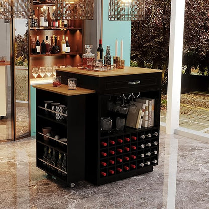 73” Kitchen Island with Extendable Dining Table, Multifunctional Wine Cabinet with 1 Door, 5 Drawers, Open Side Shelves, Wine Rack, Stemware Holder, Rolling Wheels, Chairs Not Include, Black+Natural
