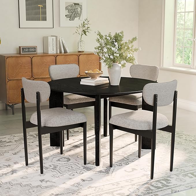 Casaphoria Upholstered Dining Chairs Set of 2, Mid-Century Modern Kitchen Chairs with Solid Wood Legs & Thick Cushion, Ergonomic Fabric Accent Chairs for Dining Room, Vanity & Office, Gray and Black