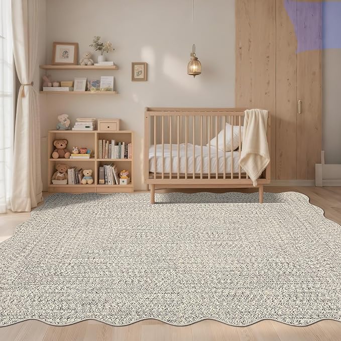 Imitation Braided Collection-Print Scalloped Washable Rugs 8x10 Area Rug for Living Room Soft Bedroom Rug Farmhouse Large Rug Non Slip Stain Resistant Carpet for Nursery Dining Room 8'x10'