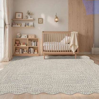 Imitation Braided Collection-Print Scalloped Washable Rugs 8x10 Area Rug for Living Room Soft Bedroom Rug Farmhouse Large Rug Non Slip Stain Resistant Carpet for Nursery Dining Room 8'x10'