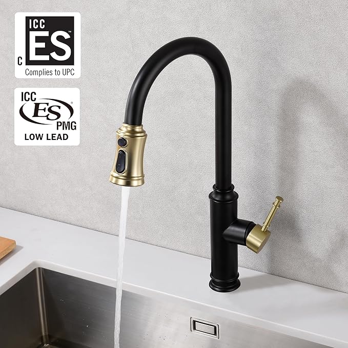 SUMERAIN Single Hole High Arc Kitchen Faucet with Pull Out Sprayer,Black and Gold Pull Down Kitchen Sink Faucet Stainless Steel